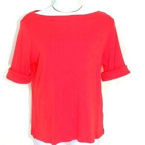 T-shirt boat neck elbow length Cuffed sleeve Red Stretch Cotton Preppy Coastal